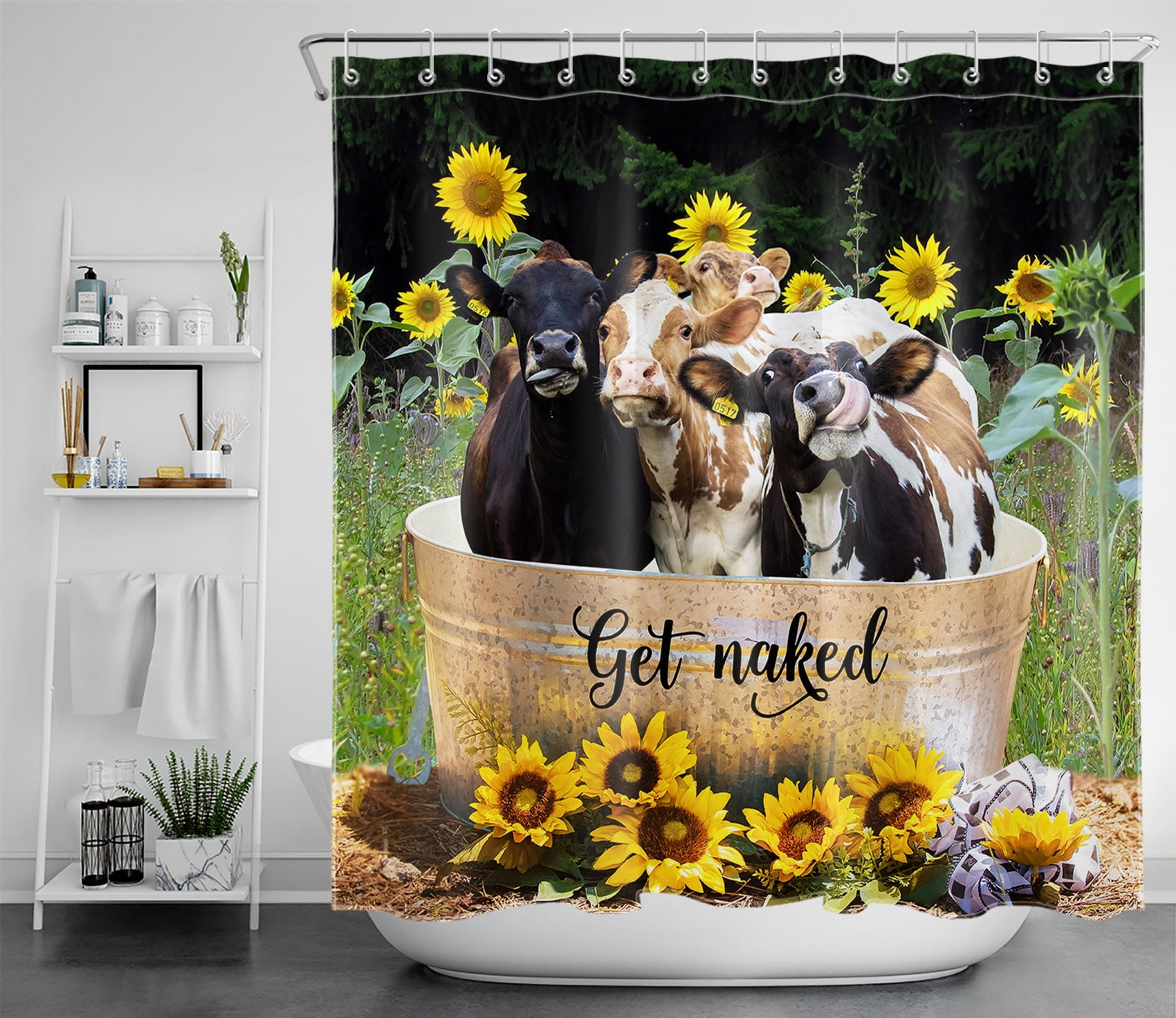 HVEST Farmhouse Cow Bathroom Shower Curtain,Funny Rustic Animals on the Wooden Barrel Sunflower and Botanical for Bathtub Decor,Polyester Waterproof Fabric Shower Curtain with Hooks,70X69 Inches
