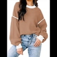 thumbnail image 3 of Suéter Holgado de Otoño para Mujer, Moderno Jersey de Punto A Rayas con Mangas Murciélago y Bloques de Color. Caqui L, 3 of 6