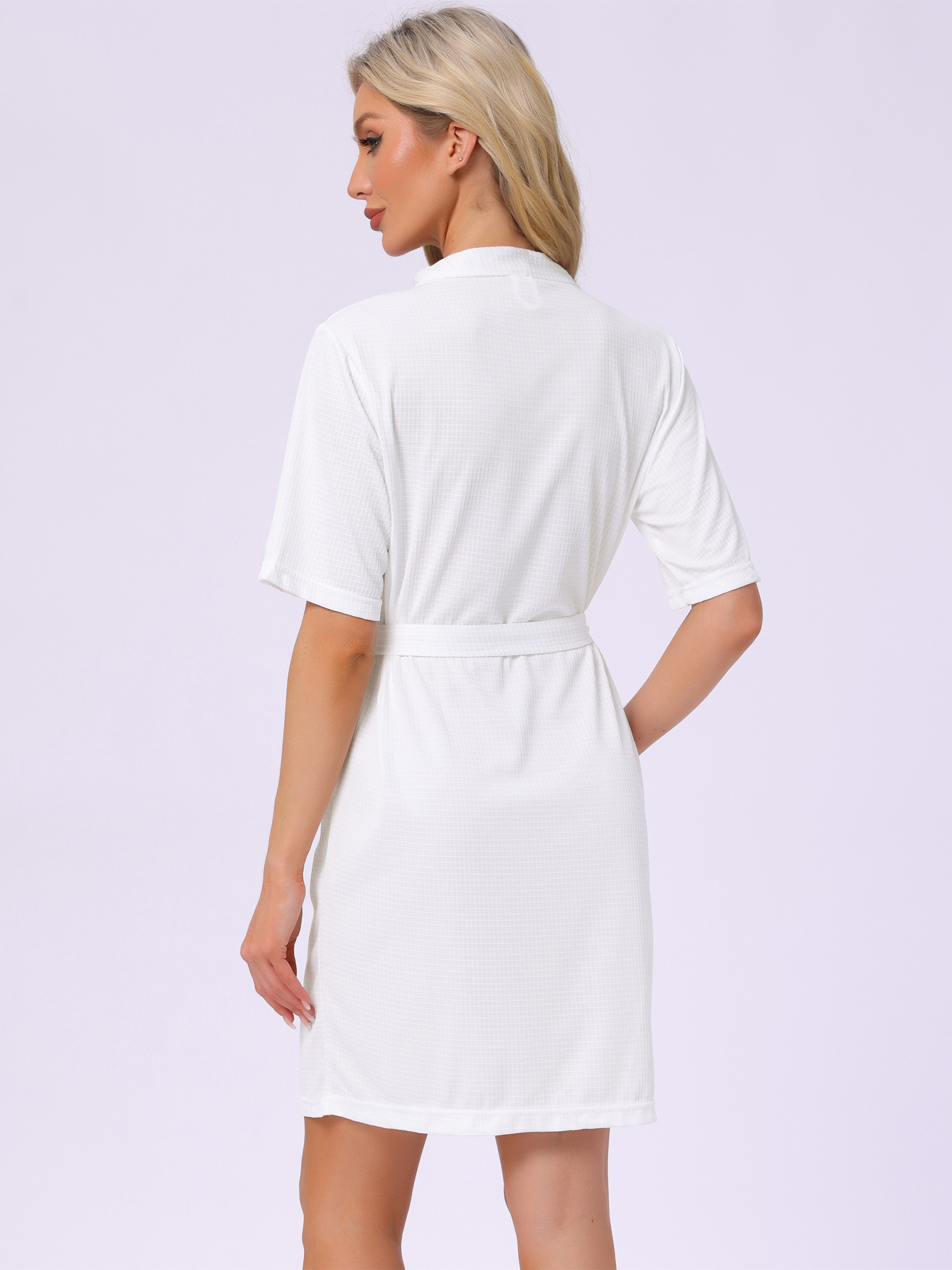 DARING DIVA Bathrobe Waffle Terry Shawl Collar Tie Short Sleeve XL White