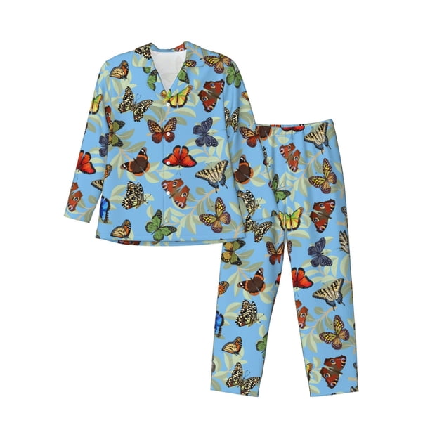 Fotbe Multicolored Butterflies Pijama de Hombre con Estampado de Manga Larga, Conjunto de 2 Piezas, Ropa de Dormir Suave y Cómoda con Bolsillos-Large
