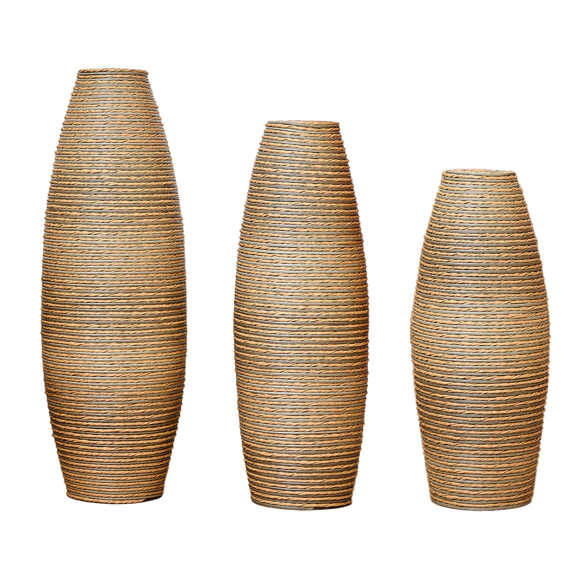 Noble House 19.69", 23.2", 27.56" PVC Floor Vase Set of 3, Handcrafted Rattan-Like, Beige Brown