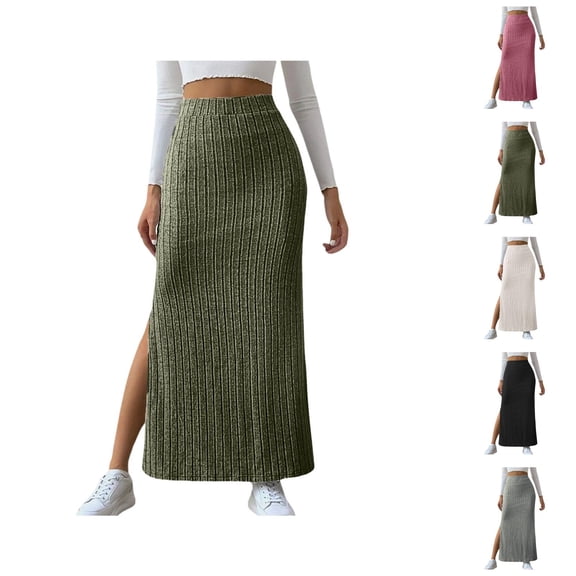 Maxi Sweater Skirt for Women High Waisted Ribbed Knit Side Slit Straight Dressy Casual Long Pencil Skirts