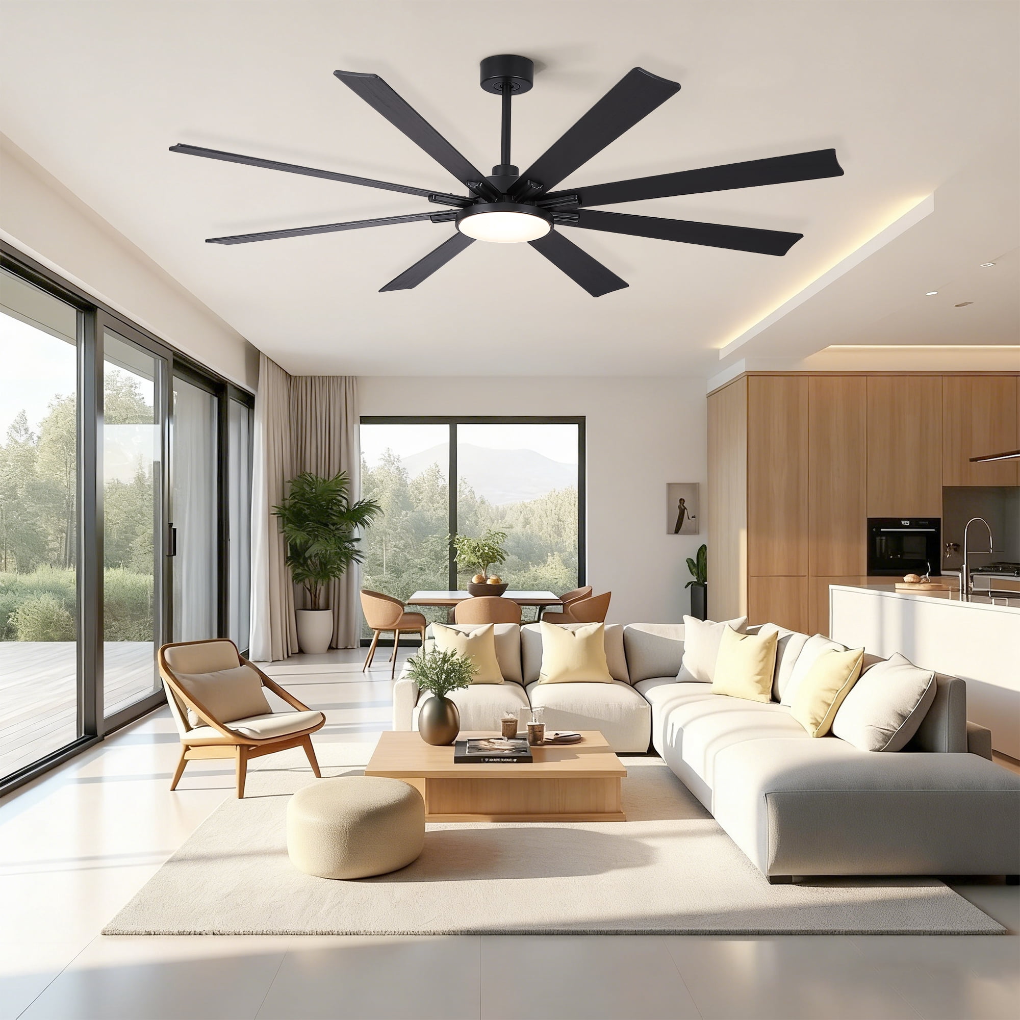 72 inch Ceiling Fan with Light, Solid Wood Blades DC Motor Reversible Remote Control,Black