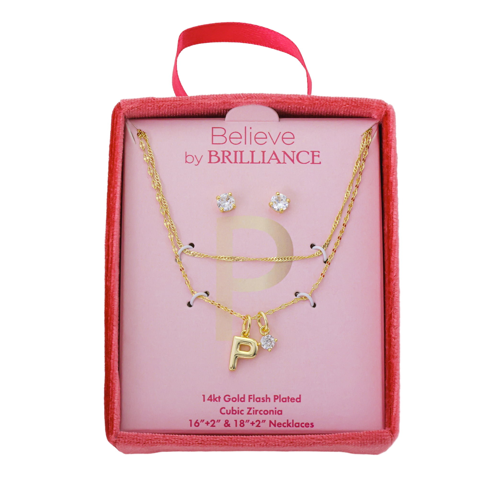 Believe by Brilliance Women's 14Kt Gold Flash Plated Initial P Slider Charm and Cubic Zirconia Charm Layered Necklace and Stud Earring Set, 16+2"/18+2"