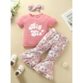thumbnail image 2 of Chollius Infant Baby Girl 3Pcs Sets Letter Short Sleeve Tops Floral Print Flare Pants/Ruffled Shorts Bow Hairband Summer Outfits, 2 of 9