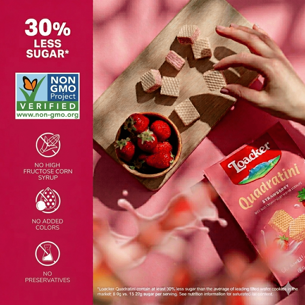 Quadratini Strawberry, NON-GMO Bite-size Wafer Cookie, 8.82 oz, pack of 6
