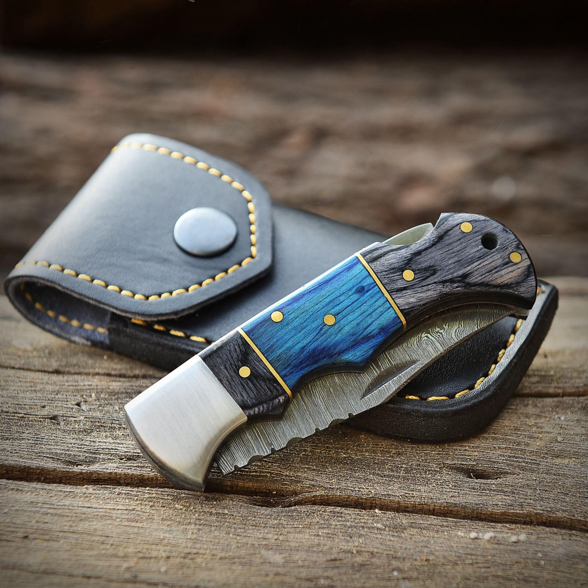 Poshland Damascus Steel Folding Knife – 3'' Blade with Blue Pakka Wood Handle, Ideal for Camping