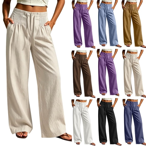 Horkkom Pants for Women Cotton High Waisted Drawstring Pants Casual Loose Pleated Pants with Pockets L