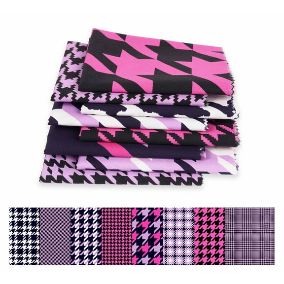 Soimoi 8 Pc Fat Quarter Bundle,HoundstoothPrint 18"x 22"DIY Patchwork-100% CottonPre-Cut Quilting Fabric Purple, Pink, Black