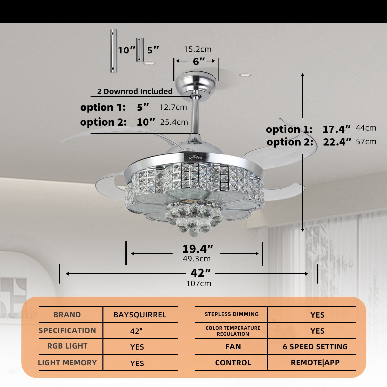 BAYSQUIRREL Retractable Crystal Ceiling Fan with RGB LED Light, Bluetooth Speaker, Remote/APP Control, 6 Speeds & Reversible Blades