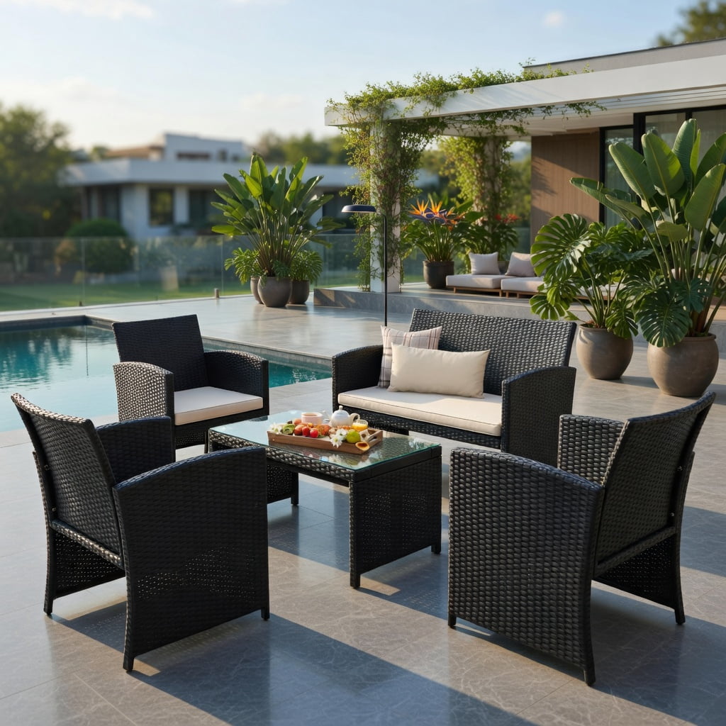 Hommoo 4-Piece All-Weather Wicker Patio Furniture Set, PE Rattan Loveseat & Single Sofas with Tempered Glass Coffee Table and Removable Cushions, White