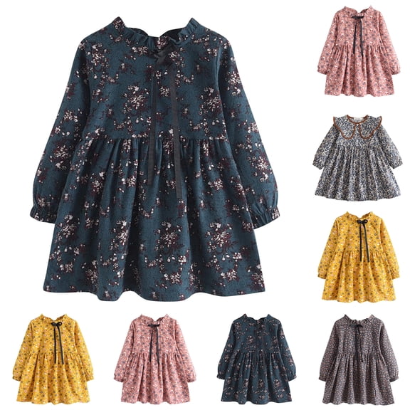 QSXADF Girls Long Sleeve Dress Toddler Casual Dress Floral Print Ruched Waist Long Sleeve Crew Neck Daily Wear Fashion Girl's Dresses Toddler Girls Outfits