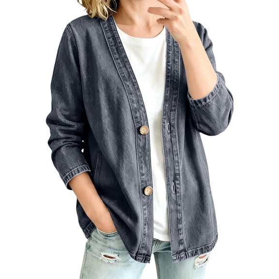Textilo Women's Classic Button Front Denim Jacket – V-Neck, Breathable Fabric, Relaxed Casual Outerwear,Black 2XL