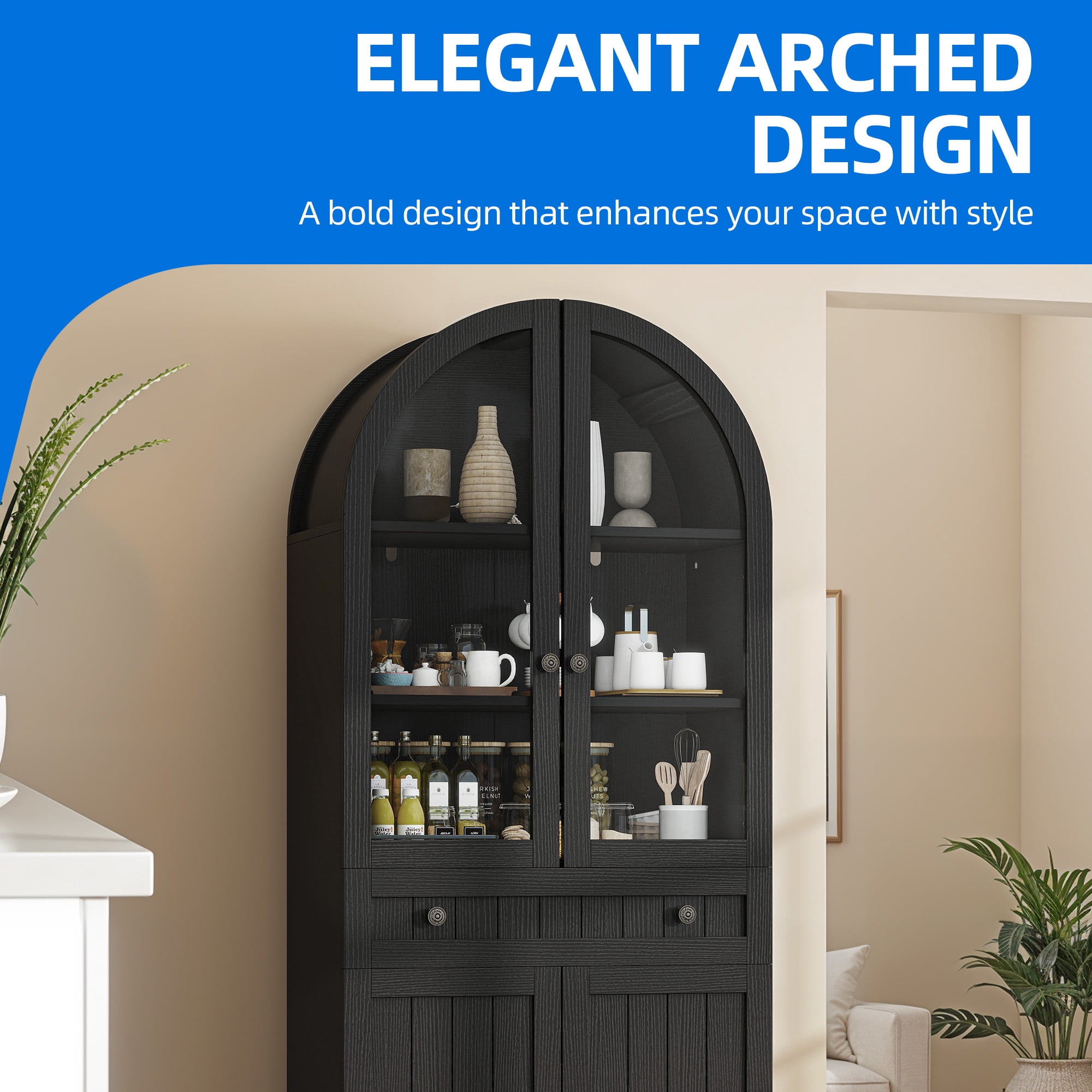 DEXTRUS 71" Tall Kitchen Pantry with Door & Drawer, Arched Kitchen Pantry Storage Cabinet, Black