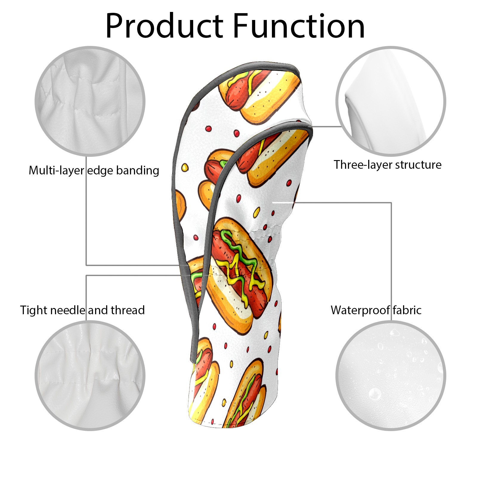 Golf Club Covers PU Leather Waterproof Head Covers for Fairway Woods Hybrids Hot Dog Pattern