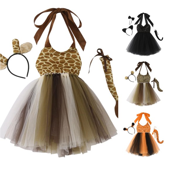 HNMKIU Halloween for Girls Toddler Summer Halloween Girls Sleeveless Cartoon Animals Mesh Tutu Dress Party Outfit Brown - 6-8 Years