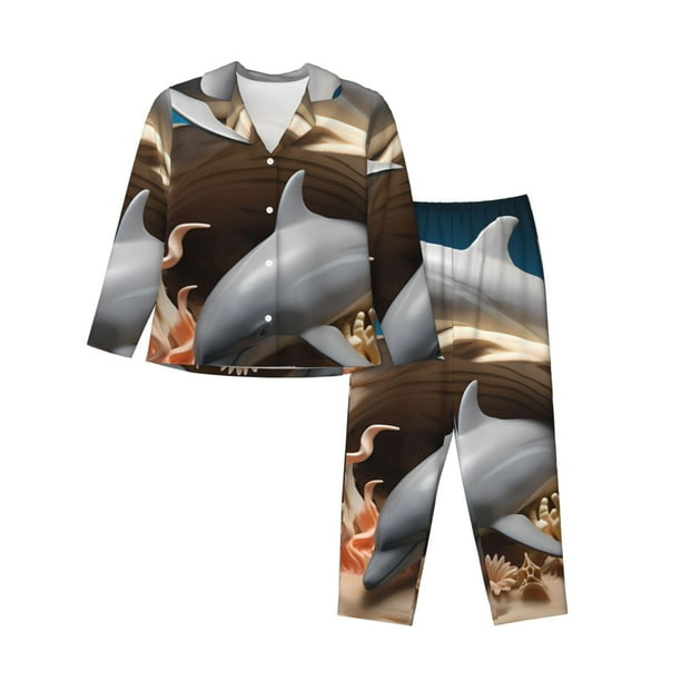 Fotbe Coral Fish Dolphin Conjunto de Pijama de Manga Larga para Mujer con Estampado, Ropa de Dormir de 2 Piezas, Conjunto de Casa Suave y Cómodo con Bolsillos-Medium