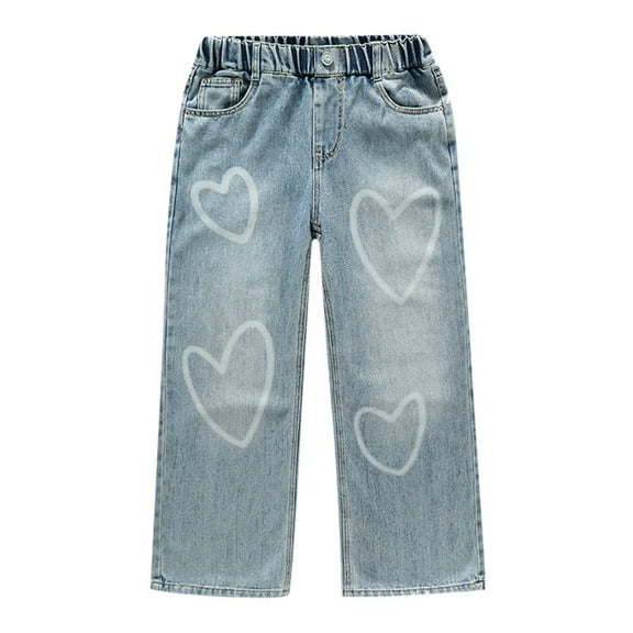 SJLDQY Toddler Baby Girls Jeans Wide Leg Baggy Jeans for Girls Casual Embroidered Elastic Waist Kids Fall Winter Denim Pant With Pockets