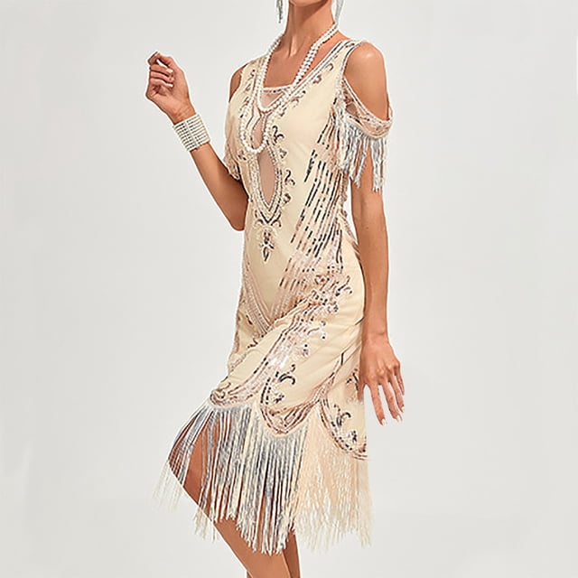 EGNMCR Robes de Soirée pour Femmes, Robes Formelles pour Femmes, Robes de Cocktail pour Femmes Robe à Col en V Sans Manches Irrégulière à Paillettes avec Franges de Bal Robe de Fête Banquet Robe de Danse Robe Courte Robe pour Femmes