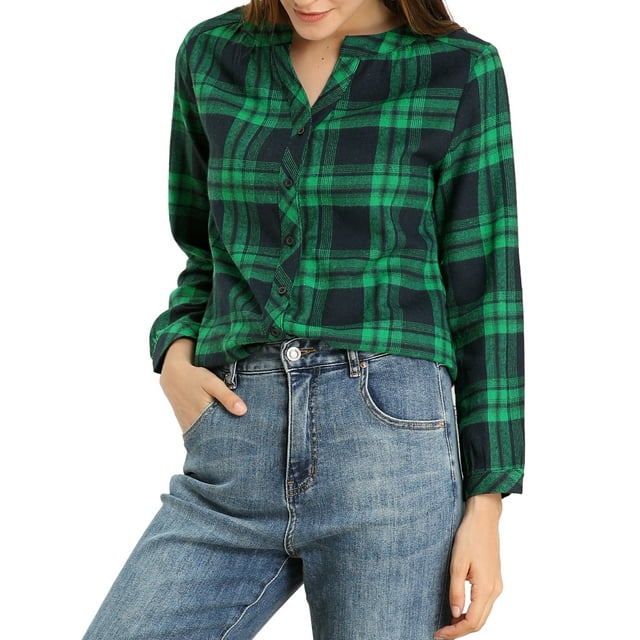 Unique Bargains Blouse Ample à Carreaux pour Femmes, Col Fendu, Manches Longues
