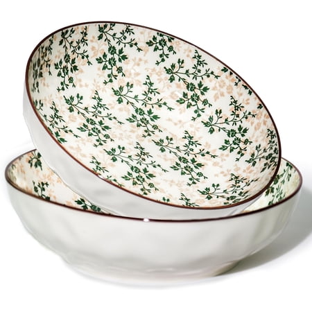 Large Serving Bowls, 78Oz Extra Large Salad Bowls Set of 2, Green Floral Pattern Design Decorative Bowls for Salad, Fruit, Pasta and Dinner, Serving Dishes Set for Party (Green Floral of 2)