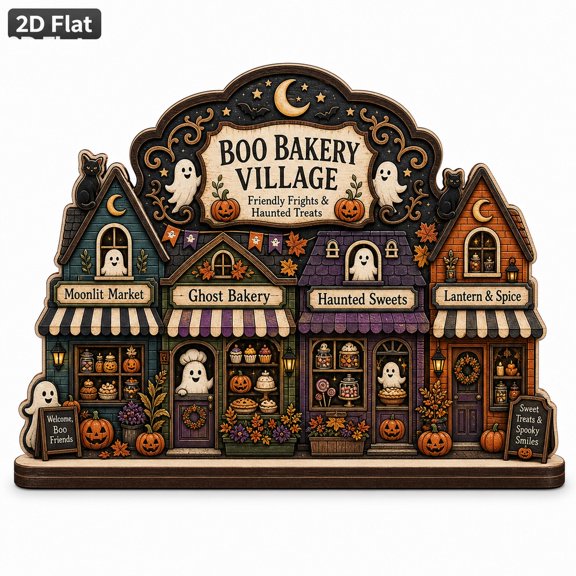 Wooden Block Boo Bakery Village Halloween Decor Wood Tabletop Shelf Sign for Spooky Season