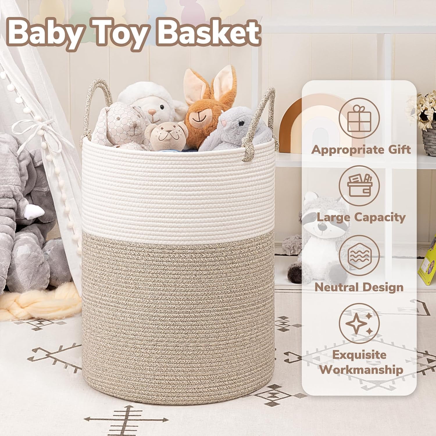 Large Laundry Hamper, 58L Tall Laundry Basket, Baby Nursery Hamper for Blanket Storage, Clothes Hamper for Laundry in Bedroom,15 x 20 inches, Light & Brown