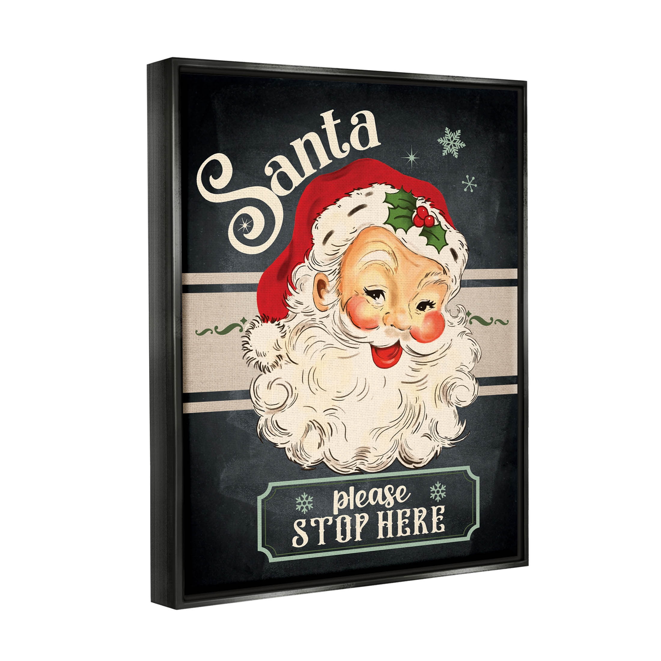 Santa Please Stop Here Vintage Smiling Holiday Graphic Art Jet Black Framed Art Print Wall Art