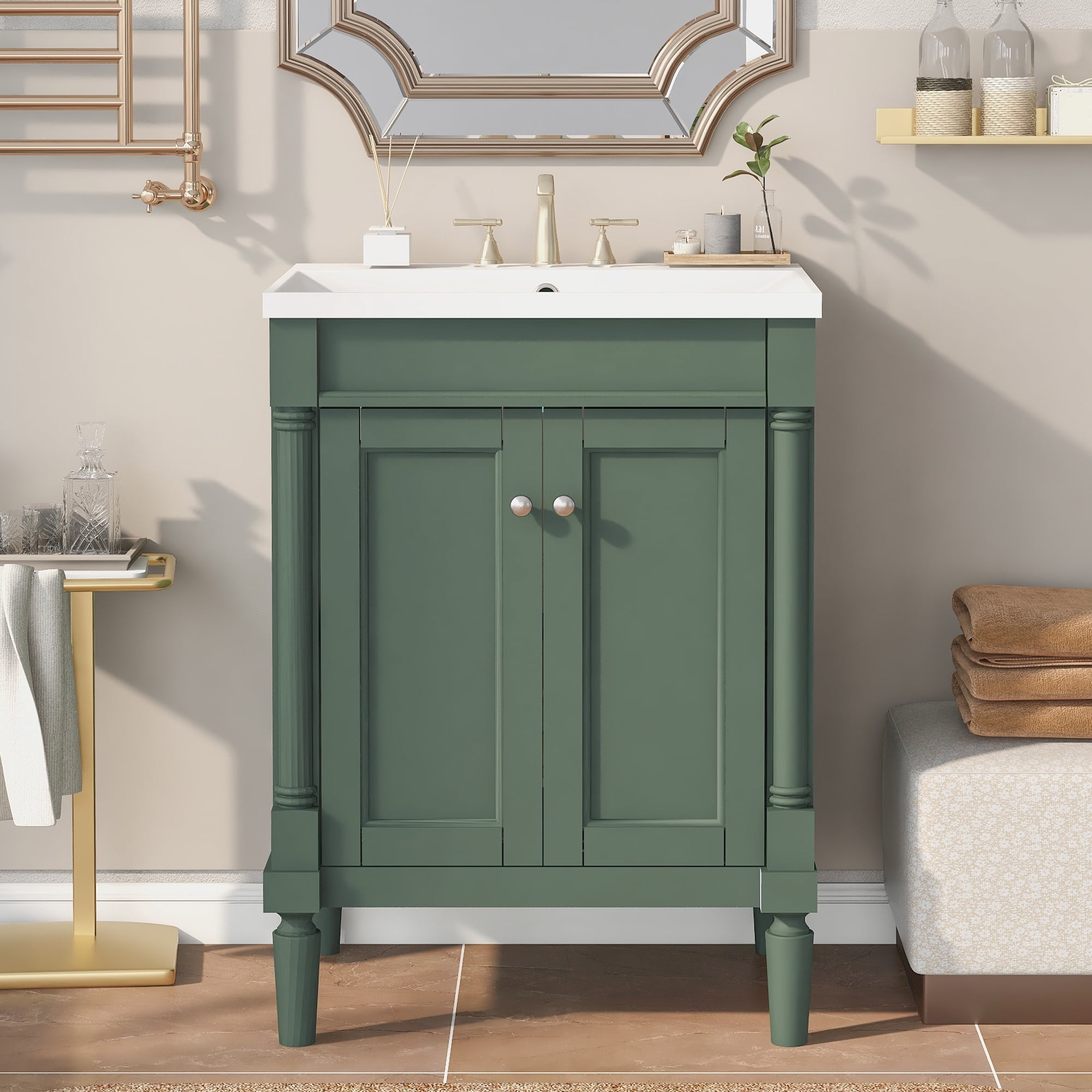 Rugerasy 24" Bathroom Vanity With Sink Modern 2-Tier Bathroom Storage locker With Double Door Single Sink Bathroom Vanity For Home Hotel