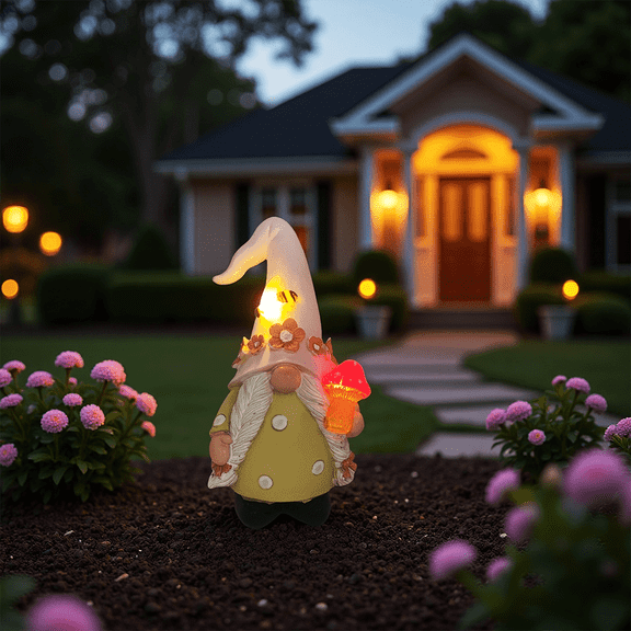 Solar Gnome Statue Spring Garden Decor, Pink Girl Resin Yard Figurine Holds Mushroom Light