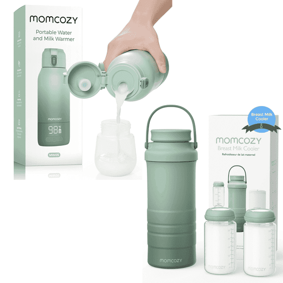 Momcozy Portable Milk Warmer for Travel – Dual Heating Modes for Breast Milk and Momcozy 22oz Portable Breast Milk Cooler for Outdoor, Life Saver with 360° Total Cooling for 24 Hours