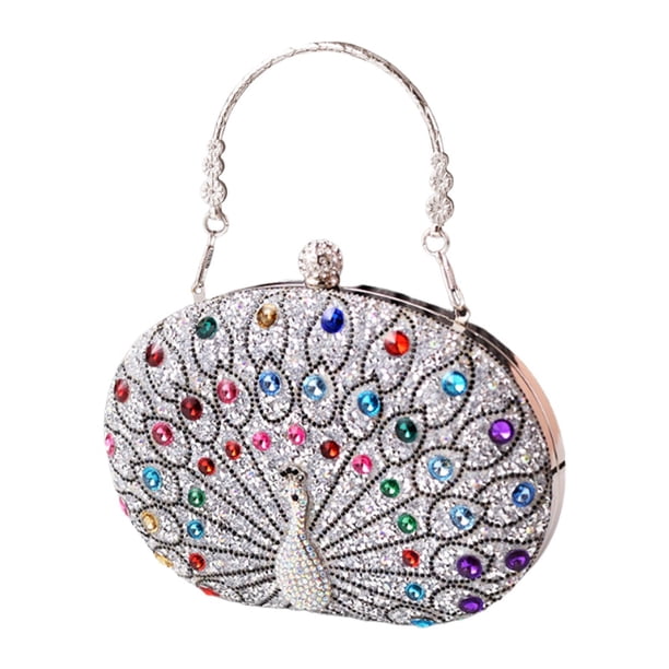 Bolso de mano con estampado de pavo real, bolso de noche de moda para banquetes, compras, graduación, verano Plata