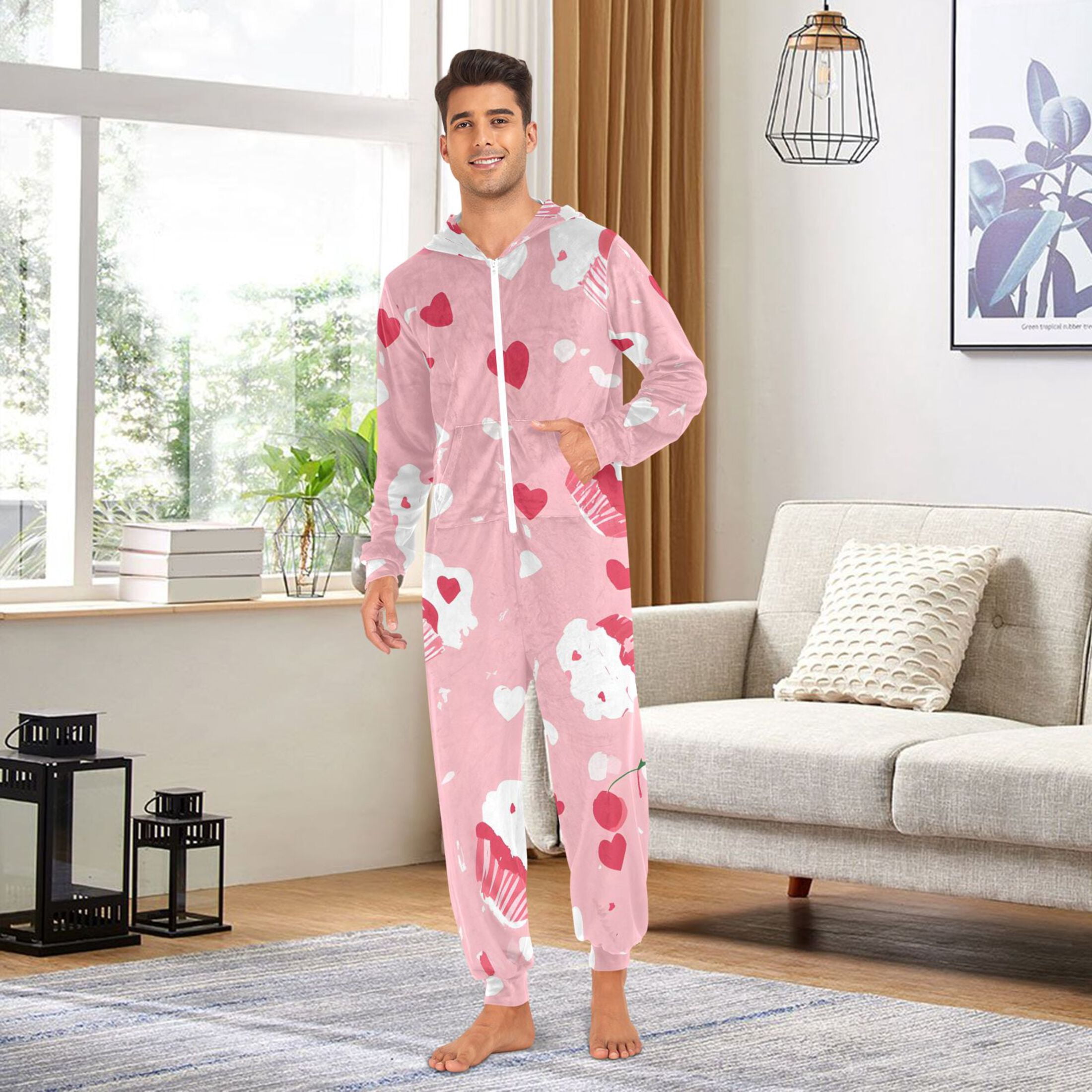 Cute Love Cake Adult onesie Pajamas, Crystal Velvet Ultra Soft Warm Jumpsuit for Men and Women