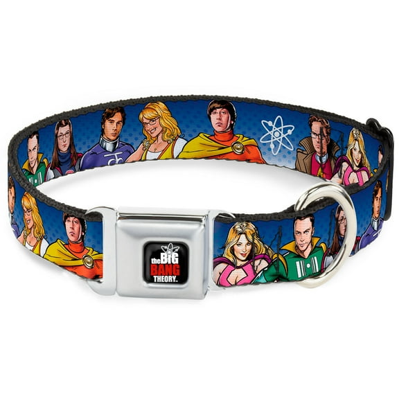 The Big Bang Theory Pet Collar, Dog Collar Metal Seatbelt Buckle, The Big Bang Theory Superhero Characters Group Blue Dot Fade, 11 to 16.5 Inches 1.0 Inch Wide