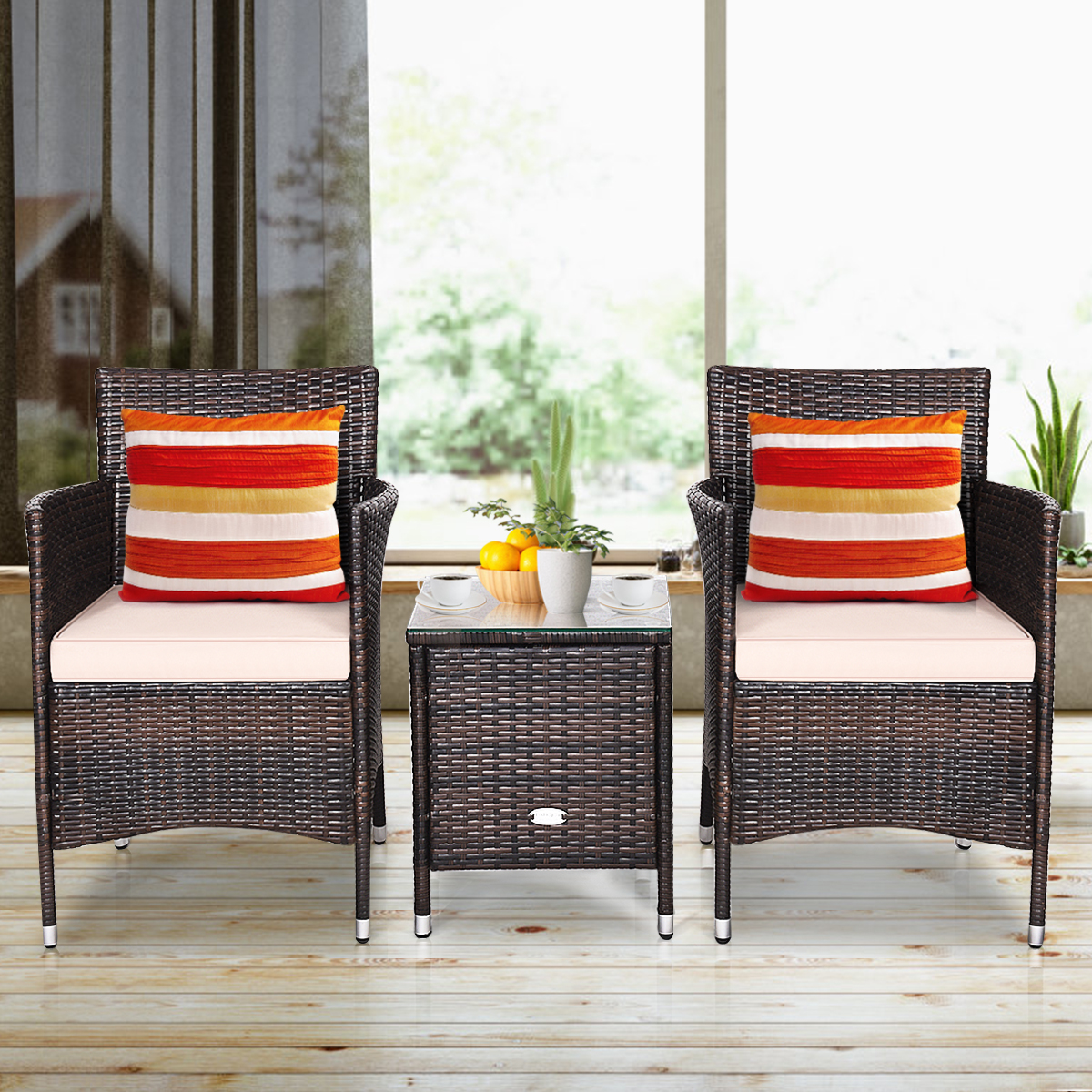 Gymax 3PCS Patio Rattan Chair & Table Furniture Set Outdoor w/ Beige Cushion - image 3 of 10