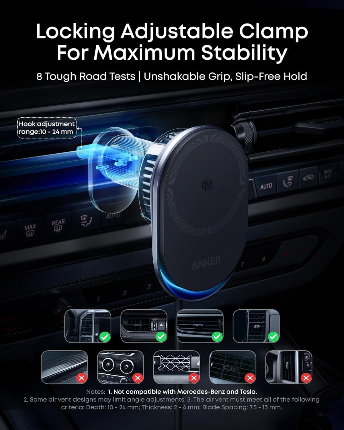 Anker Prime MagSafe Car Mount Charger, Qi2 25W Certified Wireless Car Charger with TEC Cooling, Strong Magnets, Air Vent Mount Compatible for iPhone 17-12 Series