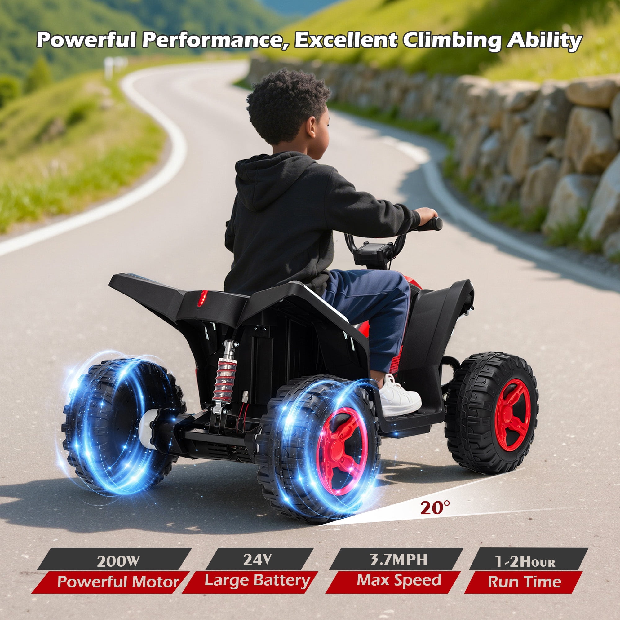 Letsgokid Kids ATV 4 Wheeler, 24V 2 Seater Electric ATV Ride On Toy for Big Kids with 110lb Weight Capacity, 200W Motor, 3.7Mph Max Speed, Spring Suspension, LED Lights, Music