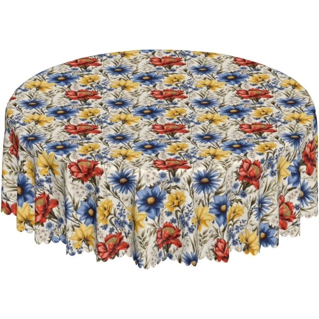 Round Tablecloth with Wave Lace 60 Inch, Bouquets Wildflowers Round Tablecloth Wipeable Table Cover Farmhouse Table Cover for Dining, Party, Buffet, Wedding
