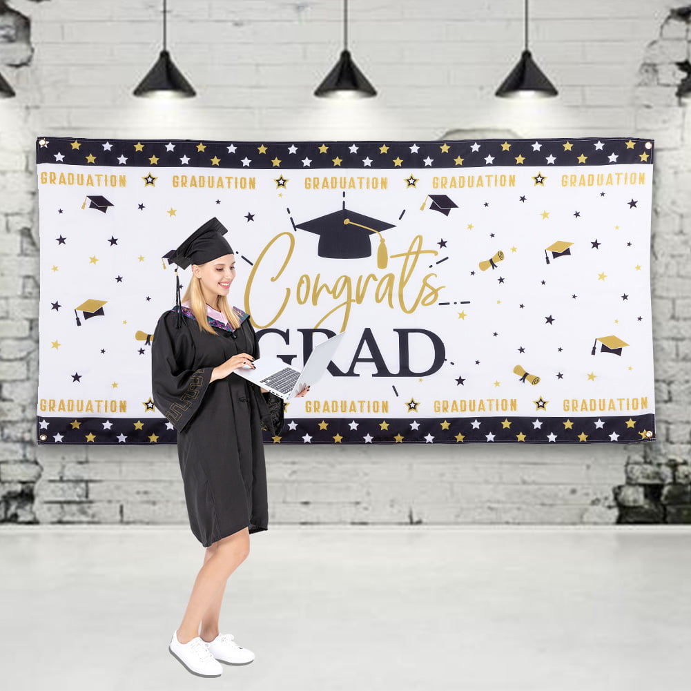 Funnytree 7X5FT Soft Fabric 2020 Class Graduation Photography Backdrop Black and Gold Bachelor Cap Balloon Grad Congrats Party Banner Background for Picture Photo Photobooth Decoration 