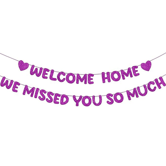 Welcome Home We Missed You So Much Purple Glitter Banner, Party Decoration with Heart Accents