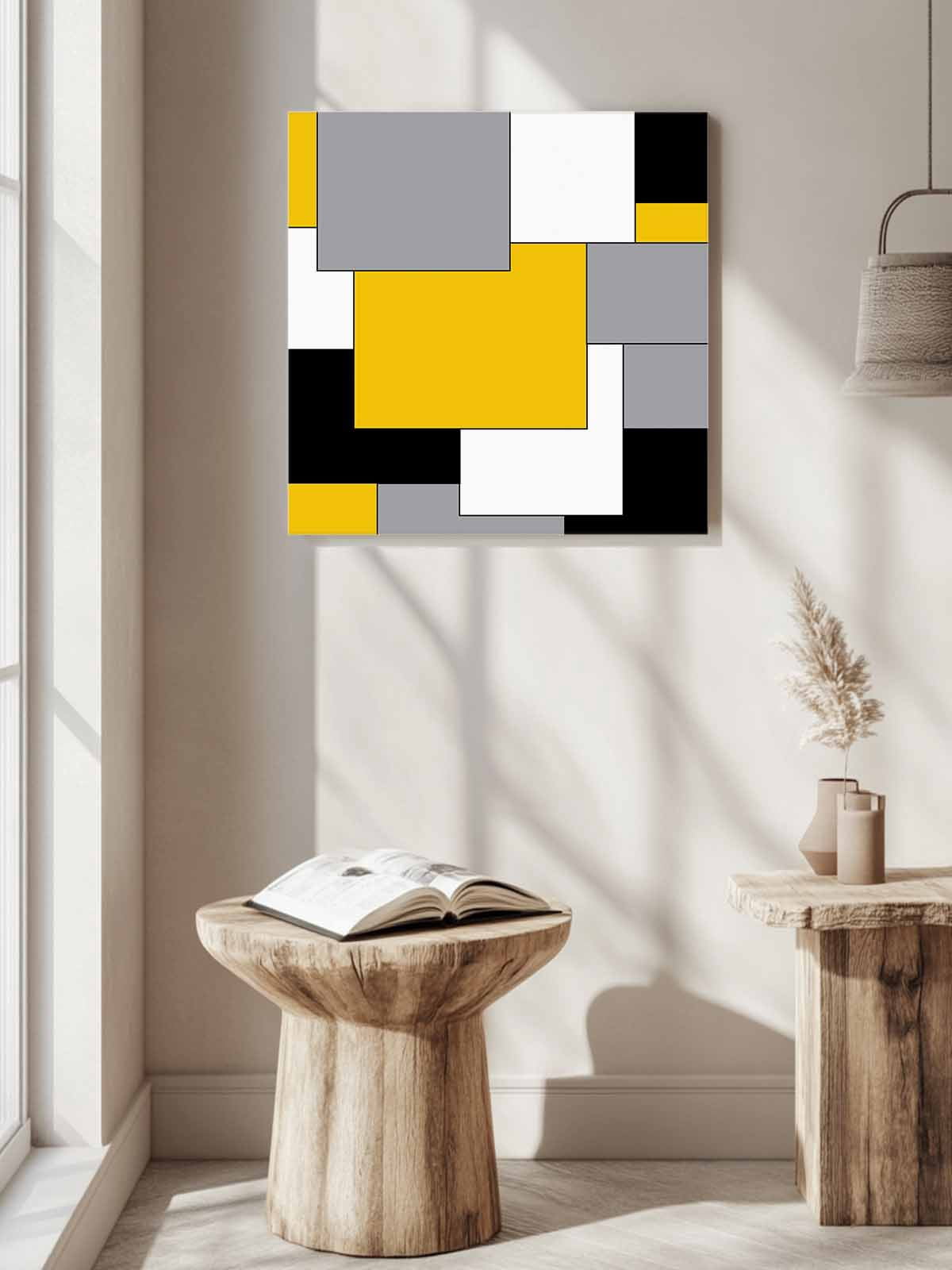 Abstract Art Canvas Wall Art, Patchwork Black and Yellow Framed Wall Decor Modern Artwork Prints Painting for Living Room, Bedroom, Kitchen & Cafe Decor 20x20 Inch
