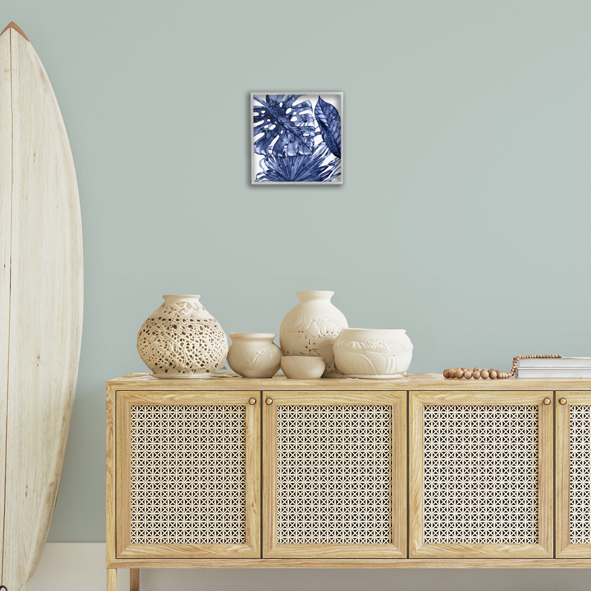 Stupell Industries Blue Hued Palms Botanical & Floral Painting Gray Framed Art Print Wall Art, 12 x 12