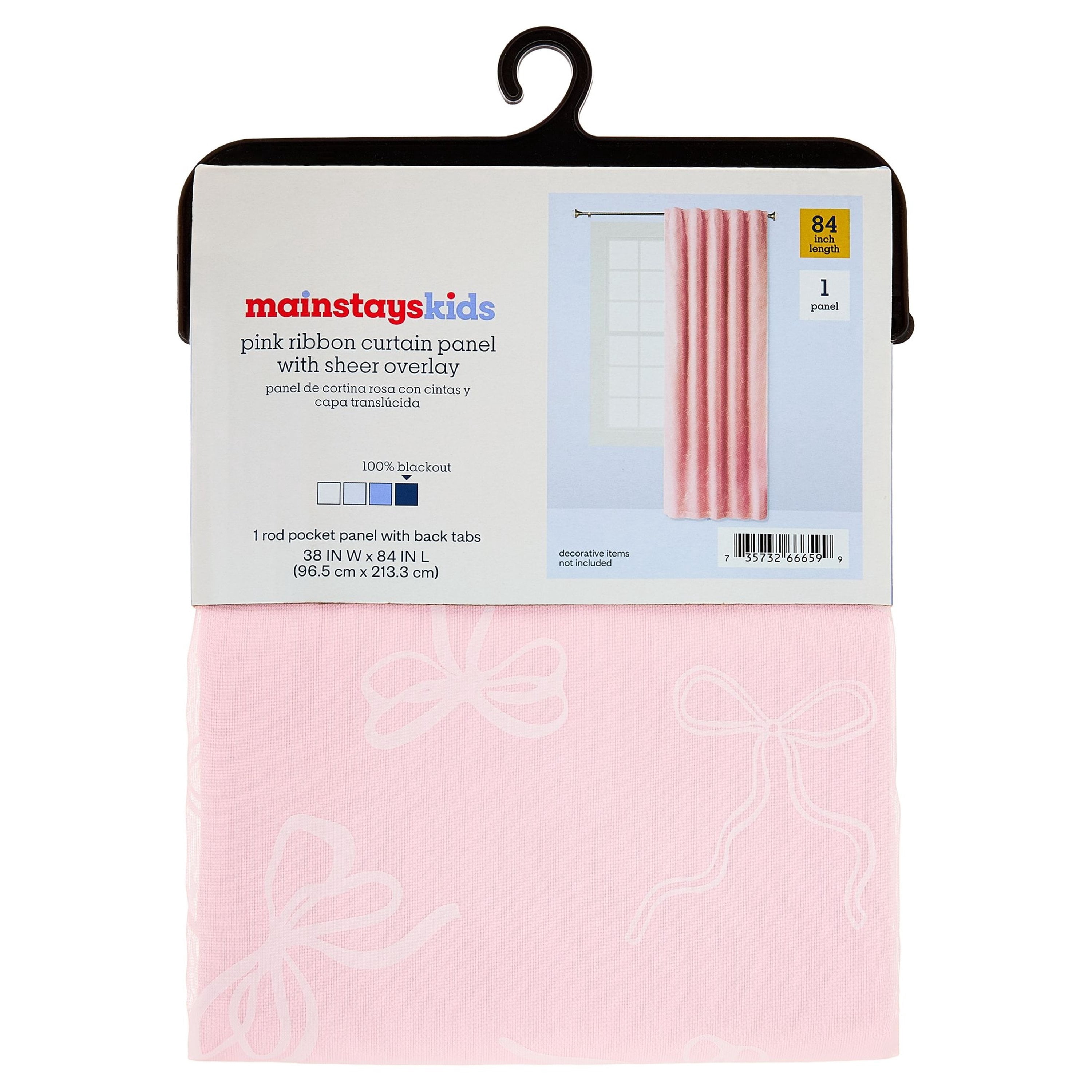 Mainstays Kids Pink Ribbons Sheer Overlay Blackout Single Curtain Panel, Rod Pocket with Back Tabs, 38 in x 84 in