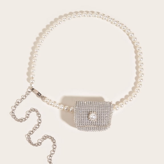 Chain Belt Bag for Women Pearl Crossbody Waist Purse Y2K Fanny Pack Pearl Mini Belt Bag Purse Sparkly Rhinestone