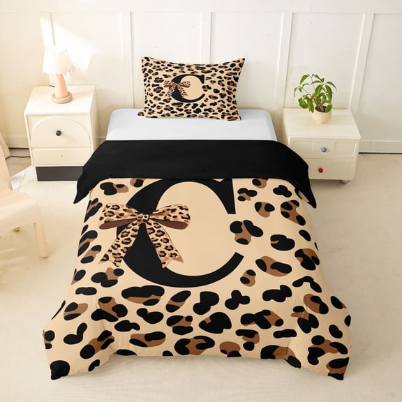 Castle Fairy Leopard Bow Letter C Twin Bedding for Girls,Cheetah Print Duvet Cover Set,2pcs,No Comforter,Black Reversible