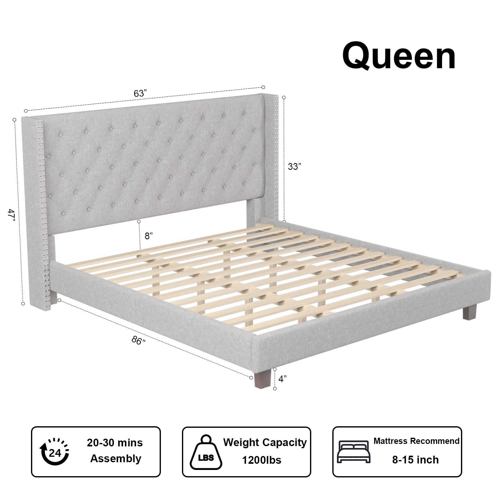 Nathaniel Home, Queen Bed Frames Upgrade, Linen Upholstered Platform Bed, Diamond Beds Frame for Bedroom, with Fabric Button Tufted Headboard, Gray