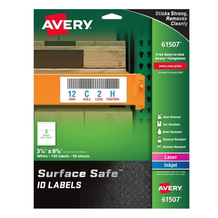 Avery Surface Safe ID Labels, 3-1/4" x 8-3/8", Water Resistant, Matte White, Removable Adhesive, 150 Labels (61507)