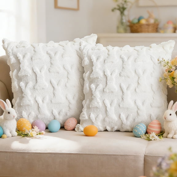 Sanmadrola Easter Pillow Covers 18 x 18 Inch Pack of 2 Luxury Soft Bunny Rabbit Pattern Decorative Throw Pillowcases for Happy Easter Spring Holiday Decor Home Party Sofa Couch