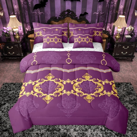 Feelyou Hippie Tribal Damask Twin Bedding Sets 7-Piece for Adult, Mandala Bohemian Bedding Comforter Set, Vintage Boho Purple Gold Reversible Sheet Sets, Lightweight Room Decor