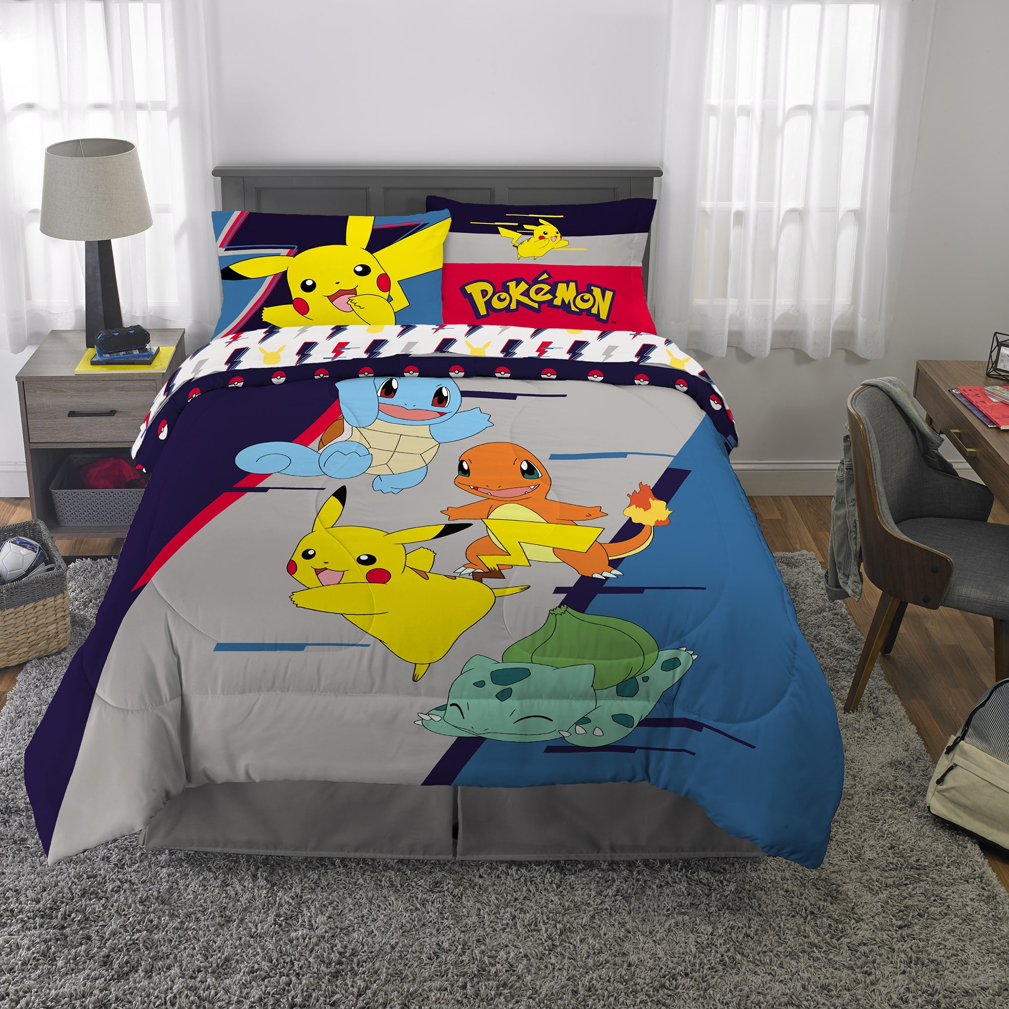 4-Piece Bedding Set Twin Size Pokemon Kids Reversible Comforter Sheet Bonus Tote 